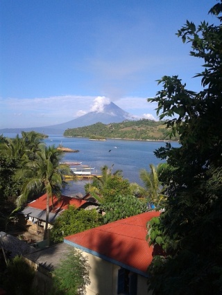 Mayon from my bedroom window on Cagraray Island. (San Miguel Island can be seen jutting out from the right of the picture.